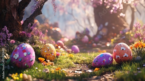 A whimsical scene featuring colorful Easter eggs among flowers and trees in a serene landscape.