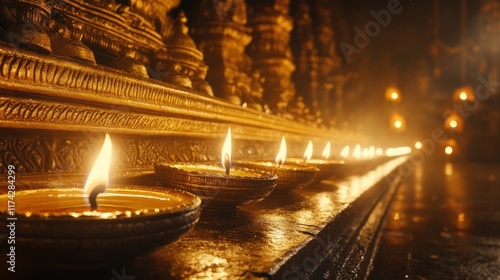 Glowing oil lamps line a golden altar.