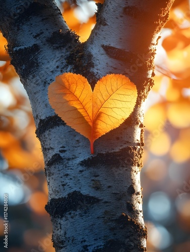 Autumn Heart Shaped Leaf on Textured Tree Branch with Warm Tone for Valentine s Day Concept photo