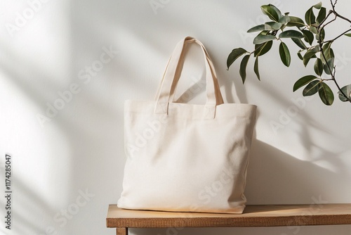 Minimalist eco bag mockup featuring a customizable blank canvas, with studio lighting enhancing its texture and shape, perfect for branding eco-friendly products. photo