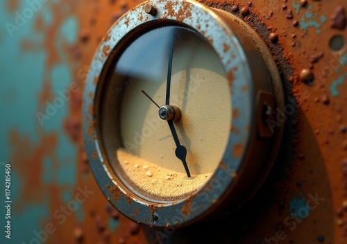 Old clock with rusty exterior showing the passage of time in an abandoned setting photo