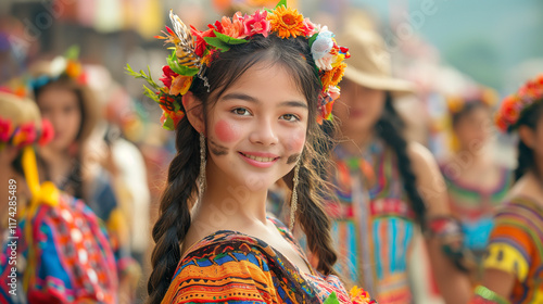 A girl in colorful traditional attire with a floral headpiece, celebrating cultural heritage in a lively festive event photo