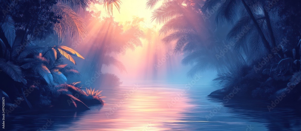 Breathtaking tropical sunset scene with a serene beach and swaying palm trees reflected in the calm shimmering ocean waters under a vibrant glowing sky An enchanting Breathtaking tropical sunset scene with a serene beach and swaying palm trees reflected in the calm shimmering ocean waters under a vibrant glowing sky An enchanting