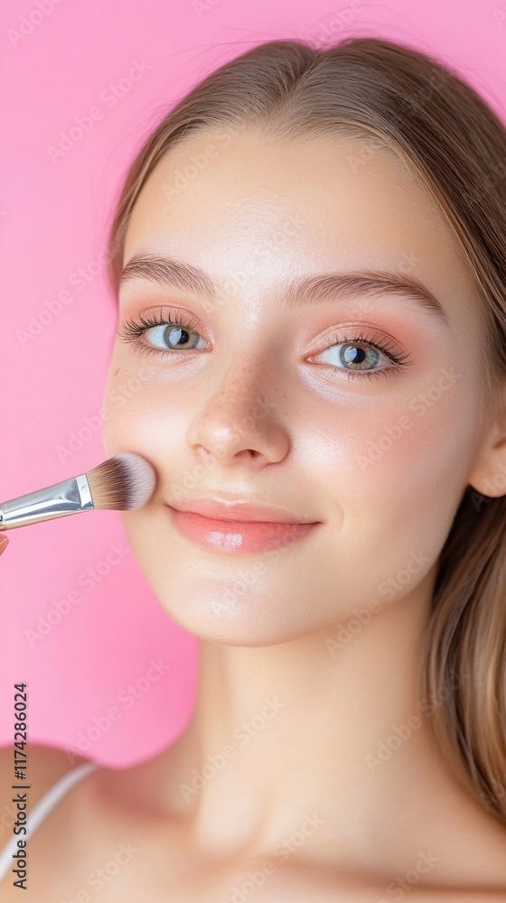 A young woman applying makeup with a brush against a pink background. A young woman applying makeup with a brush against a pink background.
