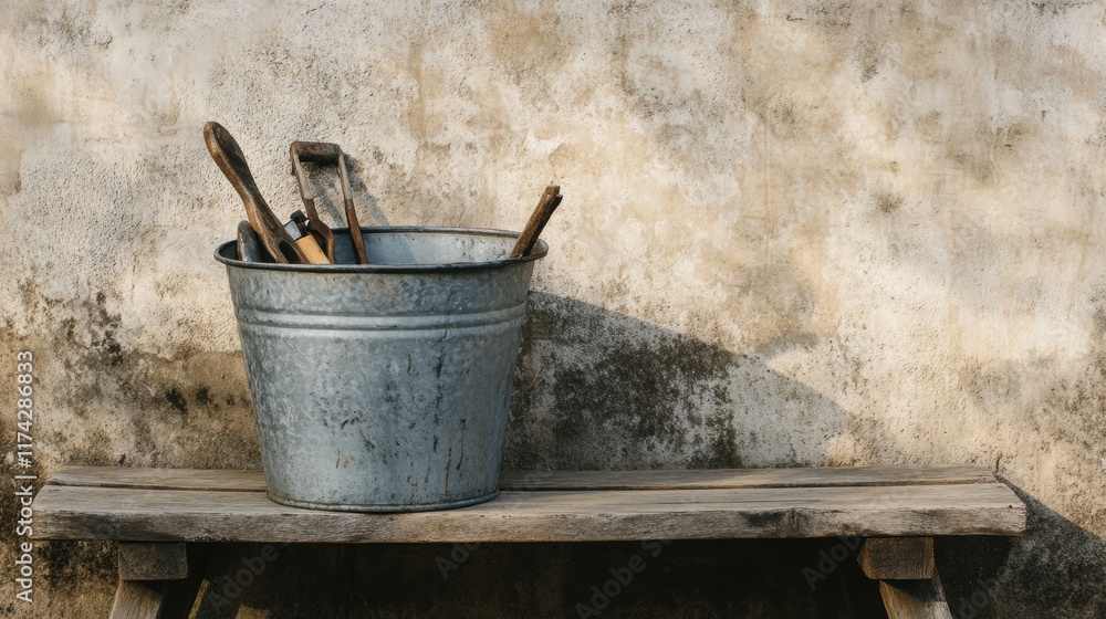 A rustic wooden stool holds a metal bucket filled with gardening tools, set against a weathered wall, creating a charming, vintage aesthetic. A rustic wooden stool holds a metal bucket filled with gardening tools, set against a weathered wall, creating a charming, vintage aesthetic.