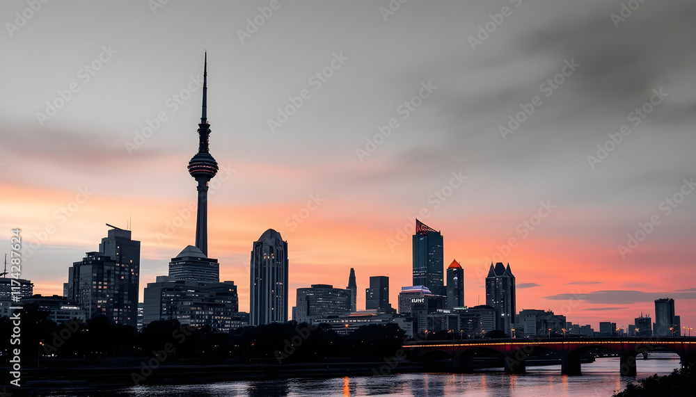 Fototapeta premium well bridge tranquil river sunset sky building background