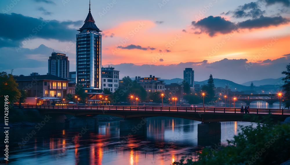 Fototapeta premium well bridge tranquil river sunset sky building background