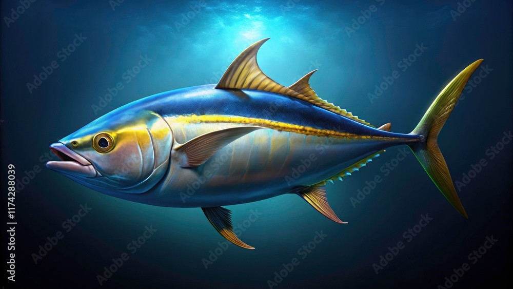 Naklejka premium Isolated, high-resolution image of a yellowfin tuna; underwater photo with dark background and realistic lighting.