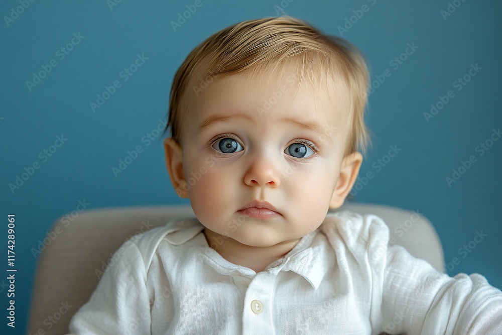 A baby with blue eyes and blond hair is looking directly at the camera. The baby is wearing a white shirt and is sitting in a chair. A baby with blue eyes and blond hair is looking directly at the camera. The baby is wearing a white shirt and is sitting in a chair.