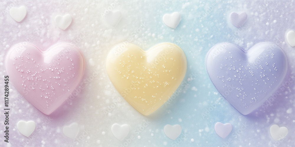 Fototapeta premium Three Pastel Heart-Shaped Objects with Water Droplets