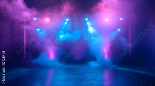 An empty dark stage with blue and purple lighting, laser beams, neon, and spotlights reflecting on asphalt floor, creating a studio room atmosphere with floating smoke for product display