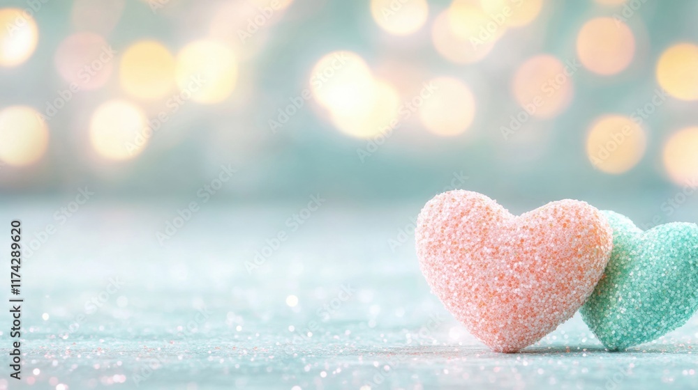 Fototapeta premium Delicate pastel hearts in pink and green sit softly on a shimmering surface, surrounded by a dreamy bokeh backdrop that enhances their charm