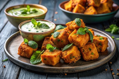 Indian Paneer Pakoras with Mint Yogurt Dip - Food Photography