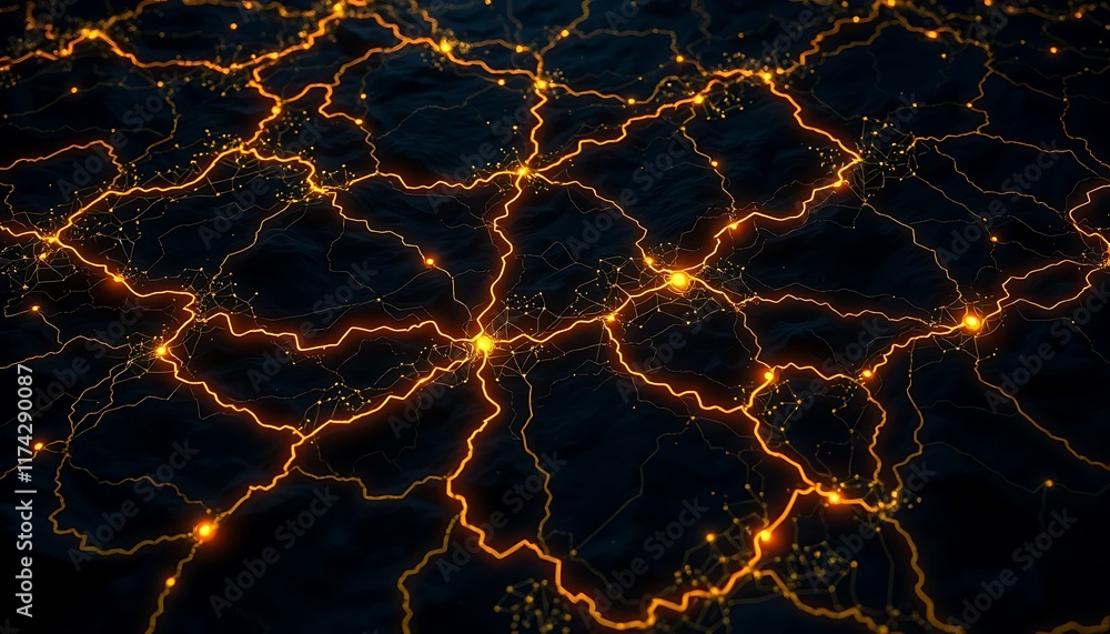 Naklejka premium Glowing Network Abstract Dark Background Orange Lines Nodes