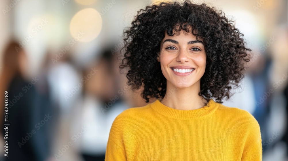 Young woman with curly hair beams with confidence in a lively office setting, surrounded by coworkers and dynamic work engagements