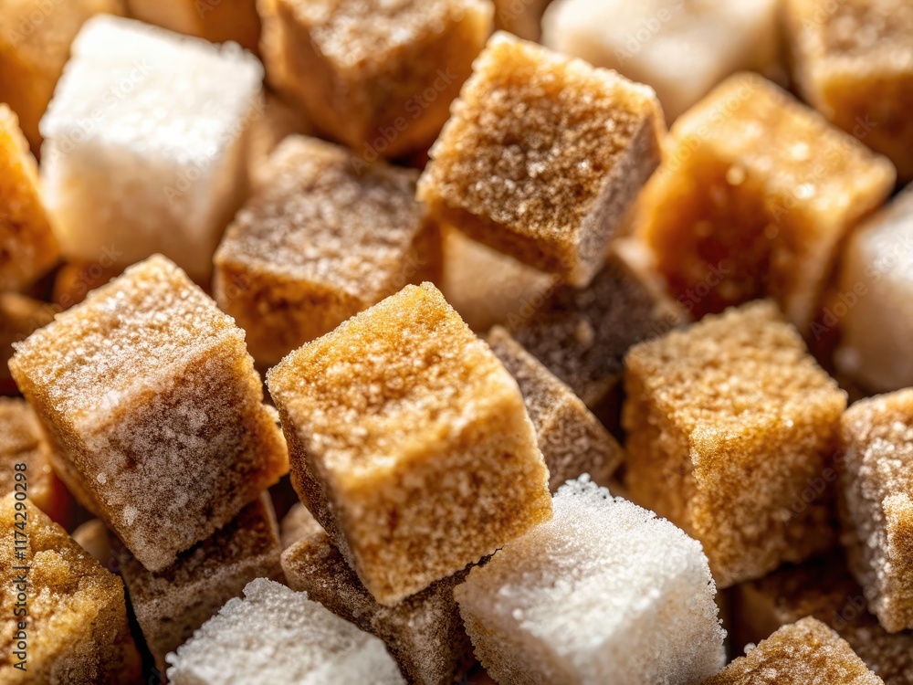 Macro photography: Intricate crystal structures of brown and white sugar cubes, a sweet, close-up study in texture. Macro photography: Intricate crystal structures of brown and white sugar cubes, a sweet, close-up study in texture.