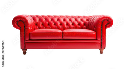 Red leather tufted sofa with elegant design and comfort photo