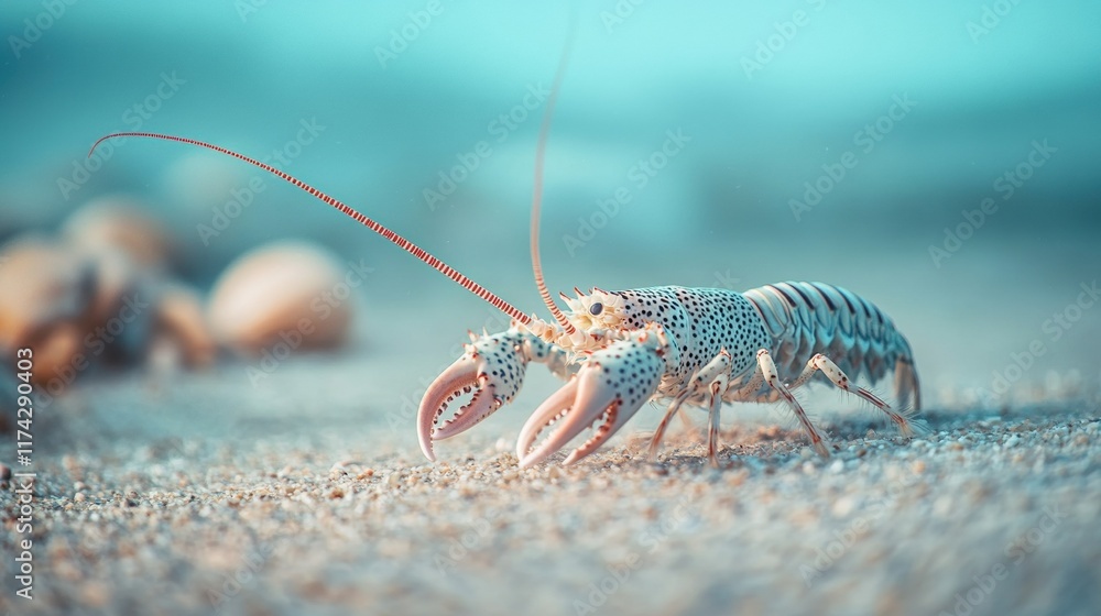 A colorful lobster crawls along the sandy ocean floor, showcasing its distinctive claws and antennae against a serene underwater backdrop. A colorful lobster crawls along the sandy ocean floor, showcasing its distinctive claws and antennae against a serene underwater backdrop.