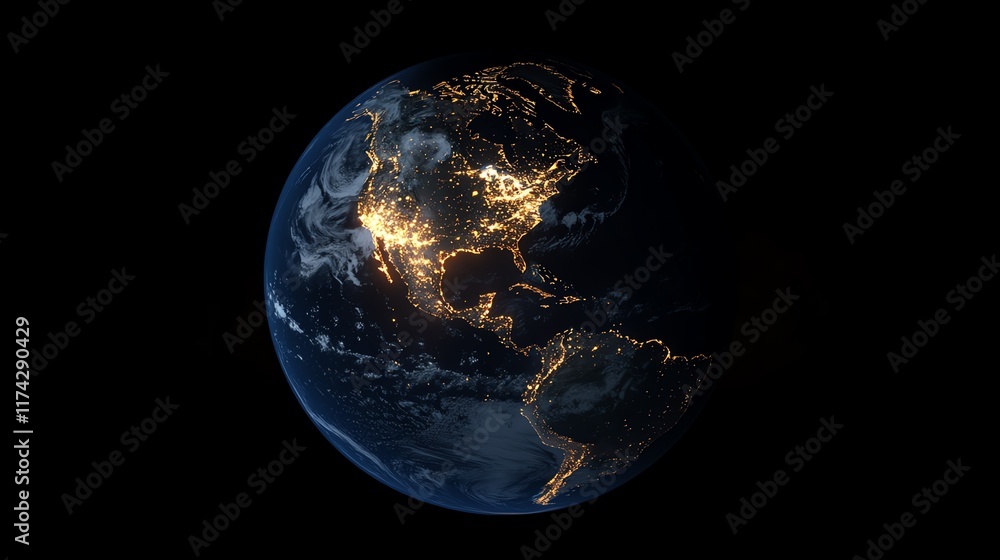 Planet Earth glowing at night, global network connectivity showcasing North America, South America, Europe, Africa, Asia, and the Middle East as a unified technological community Planet Earth glowing at night, global network connectivity showcasing North America, South America, Europe, Africa, Asia, and the Middle East as a unified technological community