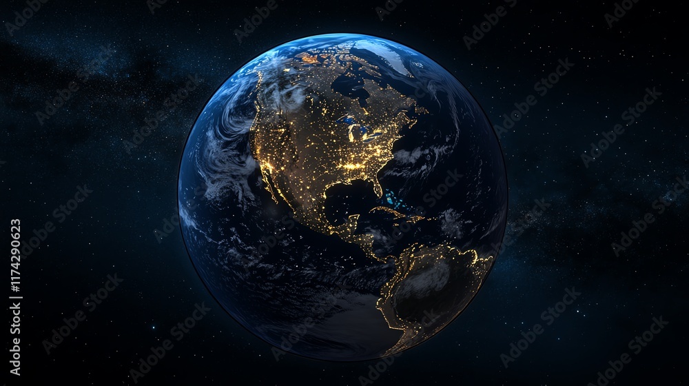 Obraz premium Planet Earth glowing at night, global network connectivity showcasing North America, South America, Europe, Africa, Asia, and the Middle East as a unified technological community