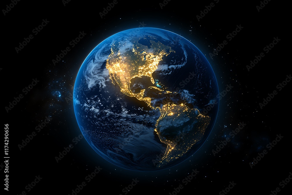 Fototapeta premium Planet Earth illuminated by global network connectivity at night, showcasing continents of North America, South America, Europe, Africa, Asia, and the Middle East