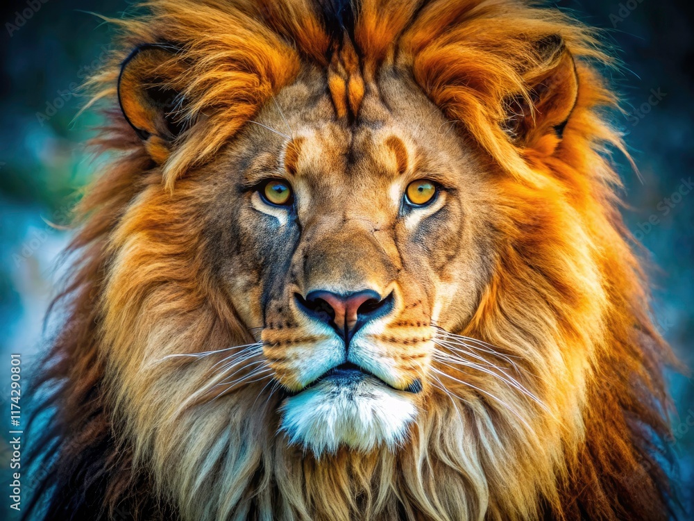Fototapeta premium Majestic lion portrait, vibrant mane close-up showcasing vivid colors in a wildlife photography.