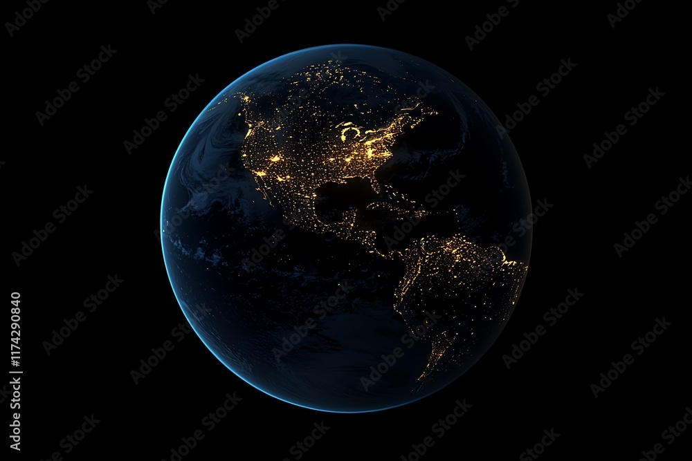 Planet Earth illuminated by global network connectivity at night, showcasing continents of North America, South America, Europe, Africa, Asia, and the Middle East Planet Earth illuminated by global network connectivity at night, showcasing continents of North America, South America, Europe, Africa, Asia, and the Middle East
