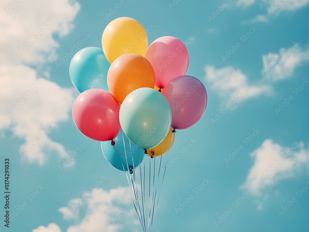 Bright and Colorful Party Balloons Floating Against a Blue Background, Perfect for Celebrations, Birthdays, and Festive Events Bright and Colorful Party Balloons Floating Against a Blue Background, Perfect for Celebrations, Birthdays, and Festive Events
