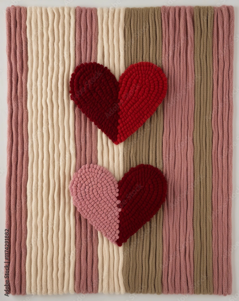 Fototapeta premium Crocheted amigurumi hearts, knitted fabric handcraft for love, on a fabric pattern background Valentines day Cute banner