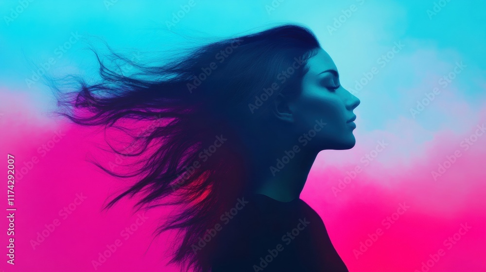 Flowing hair dances in colorful light as the woman poses in profile, surrounded by a vivid blend of hues creating a striking visual Flowing hair dances in colorful light as the woman poses in profile, surrounded by a vivid blend of hues creating a striking visual