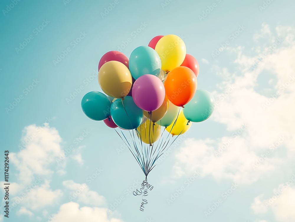 Bright and Colorful Party Balloons Floating Against a Blue Background, Perfect for Celebrations, Birthdays, and Festive Events Bright and Colorful Party Balloons Floating Against a Blue Background, Perfect for Celebrations, Birthdays, and Festive Events