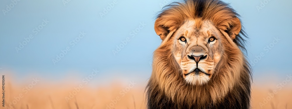 Majestic Lion with Flowing Golden Mane in Serene Savanna Landscape Majestic Lion with Flowing Golden Mane in Serene Savanna Landscape