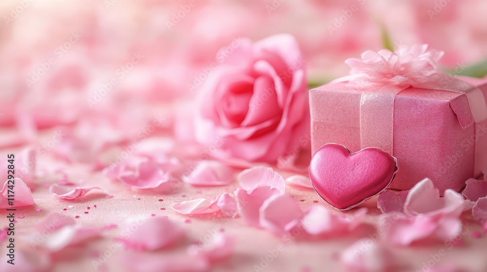 Valentines Day scene with soft lighting and a festive gift box arrangement, realistic, composite, indoor decoration Valentines Day scene with soft lighting and a festive gift box arrangement, realistic, composite, indoor decoration
