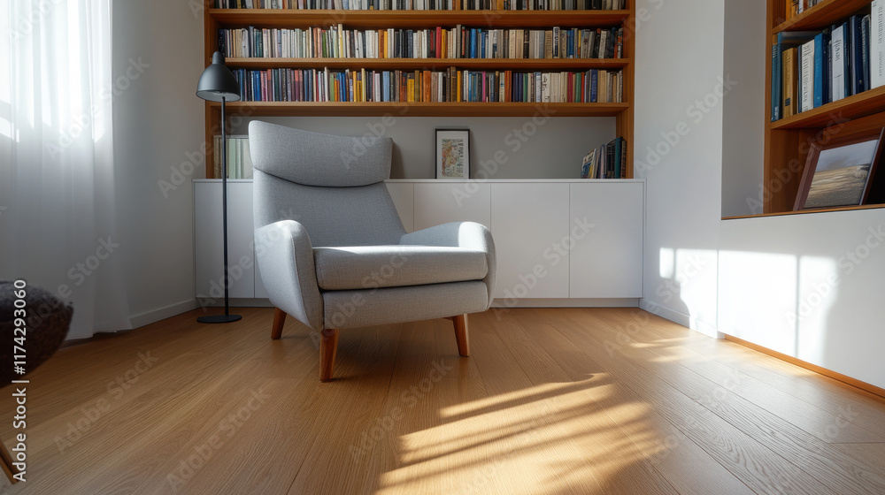 Fototapeta premium Cozy reading nook with comfortable chair and home library. Sunlight enhances warm atmosphere