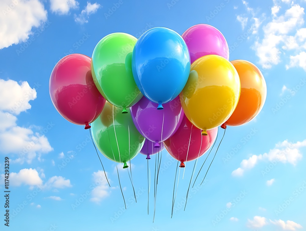 Bright and Colorful Party Balloons Floating Against a Blue Background, Perfect for Celebrations, Birthdays, and Festive Events Bright and Colorful Party Balloons Floating Against a Blue Background, Perfect for Celebrations, Birthdays, and Festive Events
