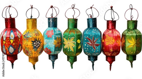 Seven vibrant hand-painted lanterns add a festive touch to any space. Ideal for parties, weddings, or everyday decor. Hang them indoors or outdoors for a pop of color. photo