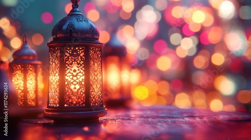 Ornate lanterns glow against a backdrop of festive bokeh. Ideal for Ramadan, Eid, or other cultural celebrations.