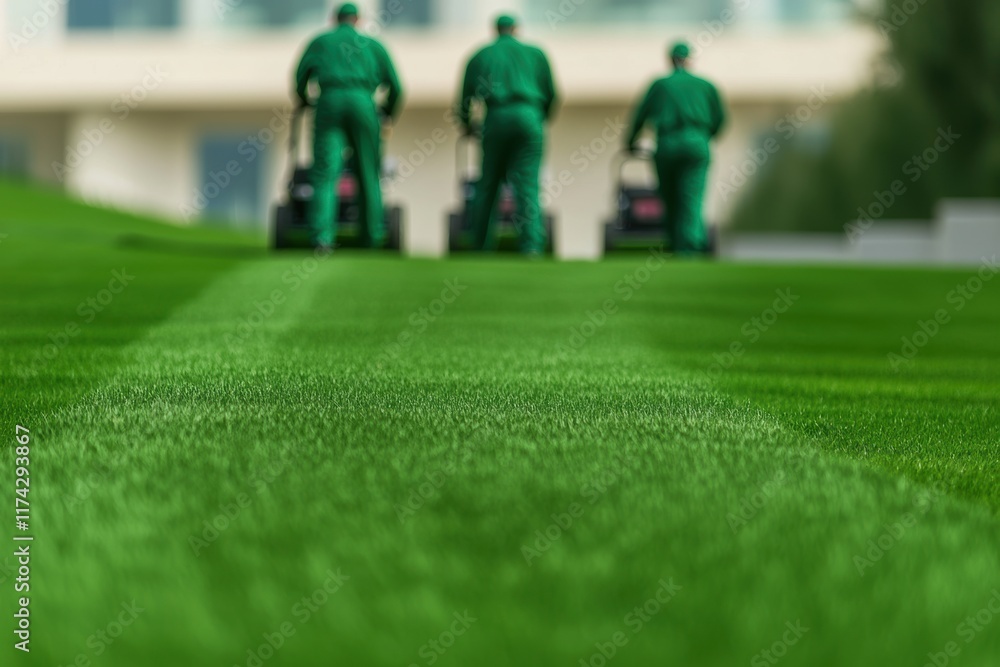 Lawn Care Professionals Mowing Fresh Green Grass Landscape Lawn Care Professionals Mowing Fresh Green Grass Landscape