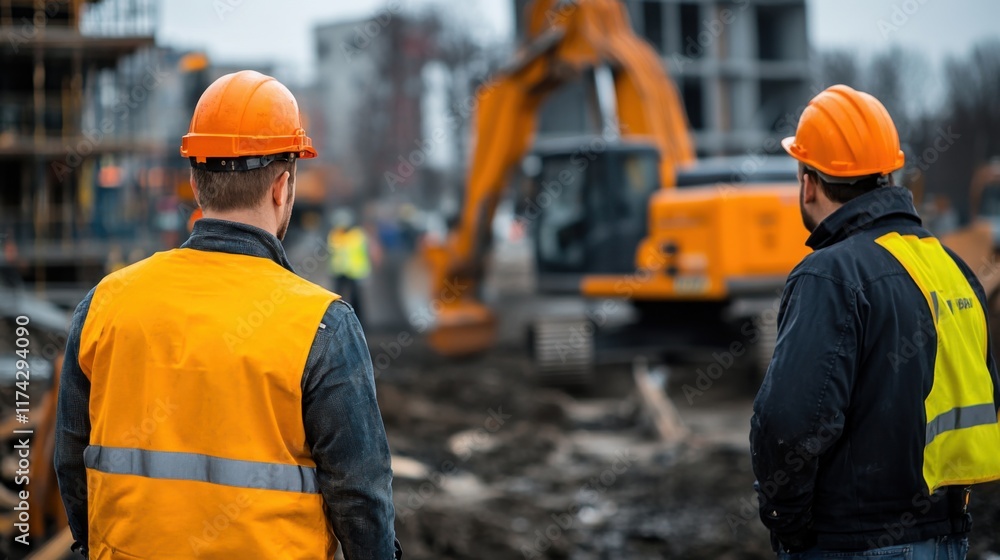 Construction Workers Overseeing Heavy Machinery Operations at a Busy Building Site Construction Workers Overseeing Heavy Machinery Operations at a Busy Building Site