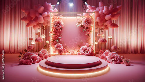 Pink A pink-inspired setting with a rectangular frame centered on a circular platform, surrounded by pink1 photo