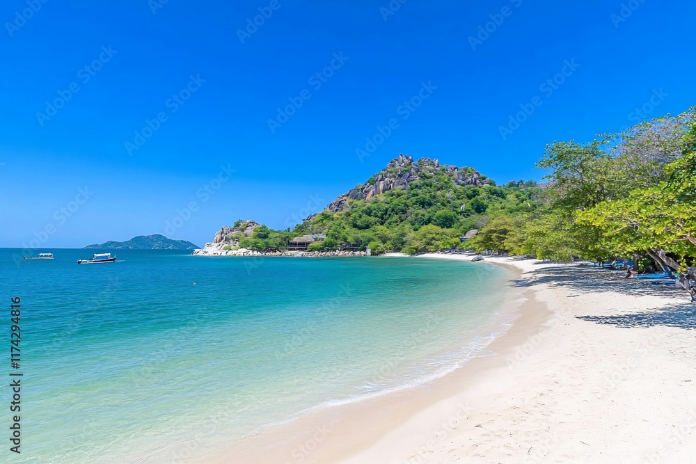 Serene beach scene with clear water and lush greenery. Serene beach scene with clear water and lush greenery.