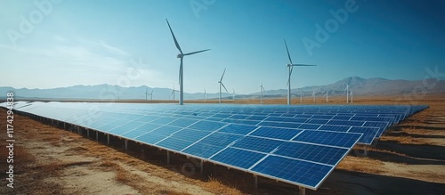 A field of solar panels and wind turbines under a clear blue sky.