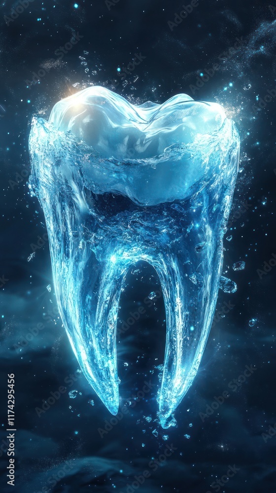 Transparent glowing dental tooth surrounded by flowing water electricity and abstract digital elements Conceptual image representing dental care technology science and healthcare Transparent glowing dental tooth surrounded by flowing water electricity and abstract digital elements Conceptual image representing dental care technology science and healthcare
