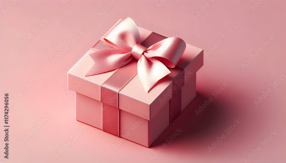 Fototapeta premium Pink A square pink gift box with a satin ribbon bow on the lid, the lid floating slightly above the box a3