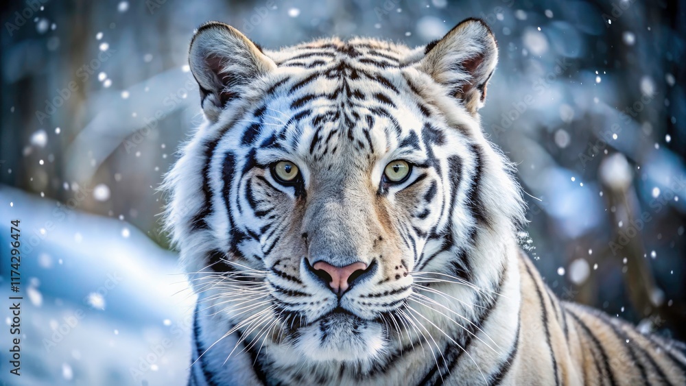 Rare white tiger's snowy majesty: macro lens reveals winter's breathtaking big cat. Rare white tiger's snowy majesty: macro lens reveals winter's breathtaking big cat.