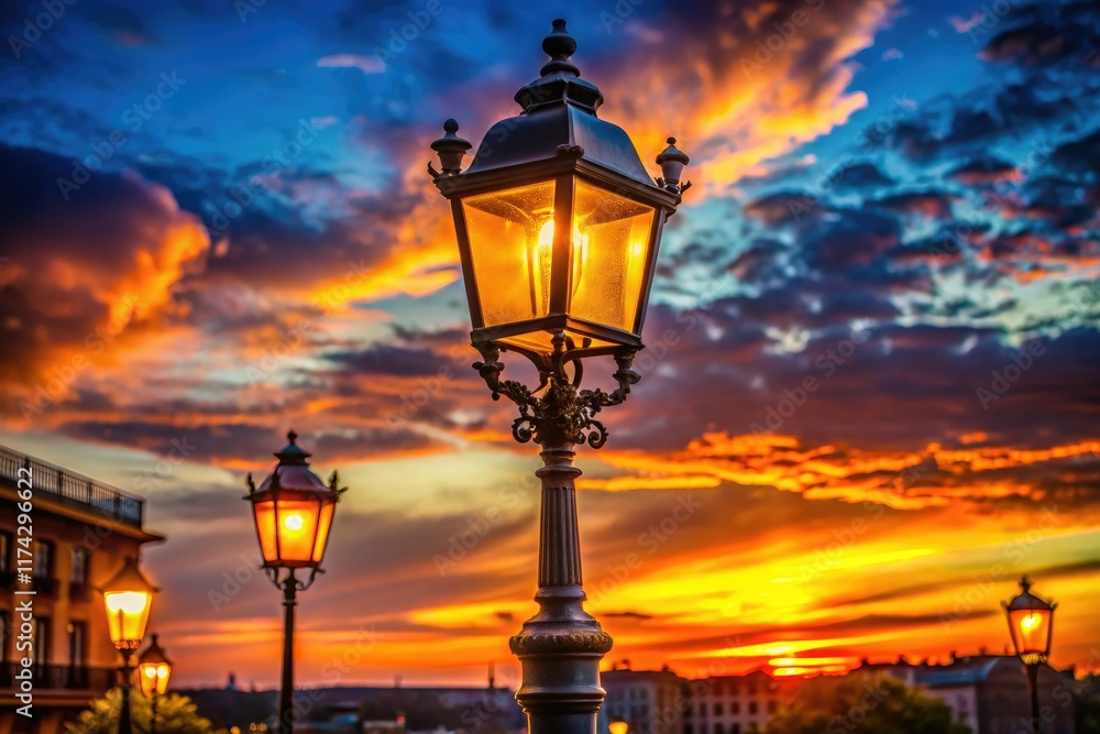 Obraz premium Lonely Lamppost Architectural Photography, Solitary Farola, Urban Scene, Dusk Light