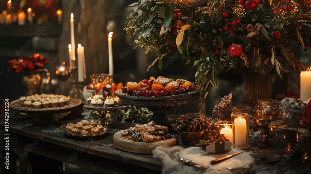 Fototapeta premium Festive Table Display with Assorted Desserts and Candles