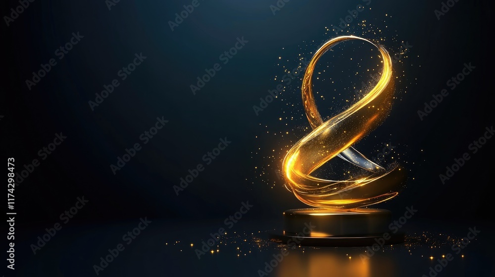 Fototapeta premium Elegant golden sculpture with glowing particles on dark background