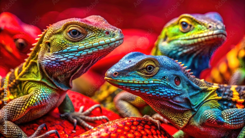 Obraz premium Rule of thirds perfectly frames a colorful lizard against a bold red background. A captivating photograph.