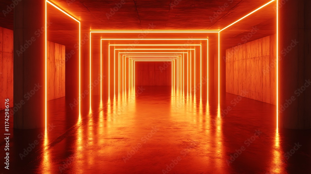 Orange Neon Lights Illuminate a Concrete Corridor Orange Neon Lights Illuminate a Concrete Corridor